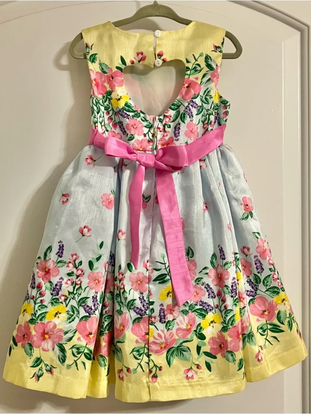 Nanette Kids Girls Sz 3T Yellow Floral Shantung Dress Pink Sash Tie Heart Cutout